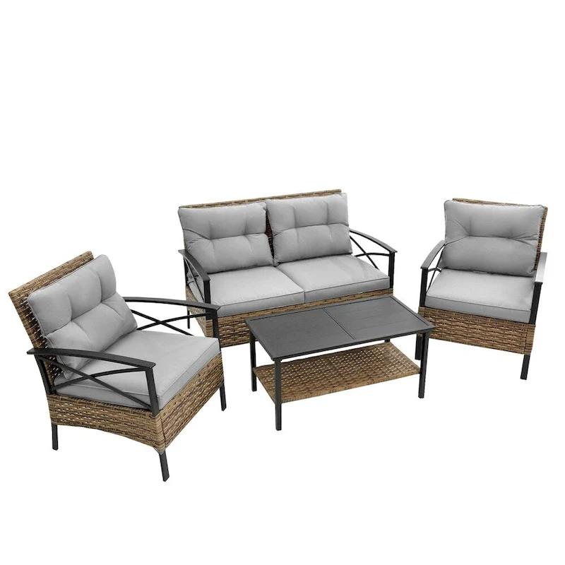 Patio 4 Piece Sectional Low Dining Conversation Sofa Set w/ Cushion