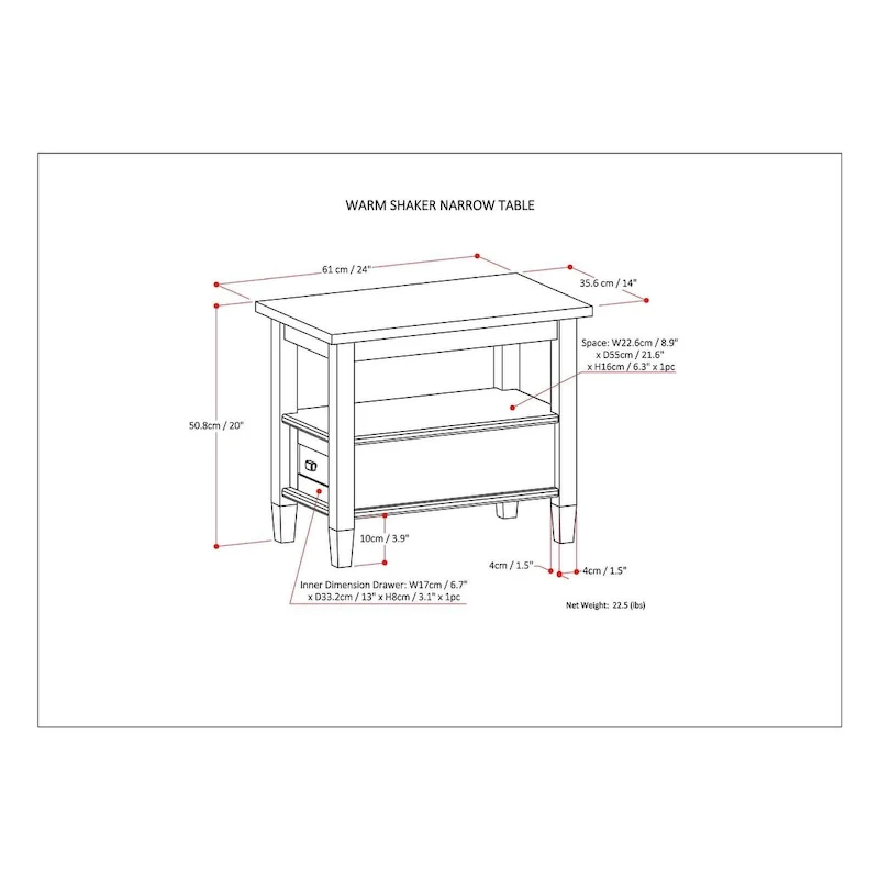 SOLID WOOD 14 inch Wide Rectangle Transitional Narrow Side Table - 14 Inches wide