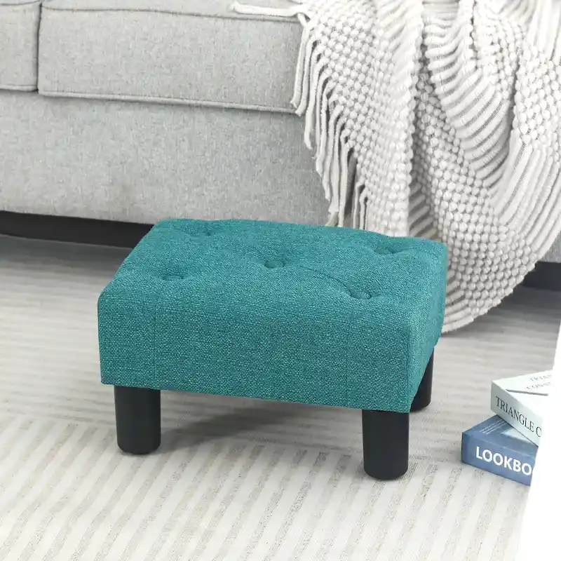 Adeco Button Tufted Linen Foot Stool Rectangular Small Ottoman