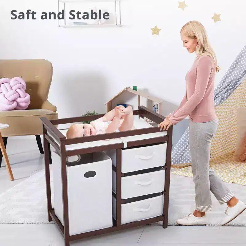GustoWave Wooden Baby Changing Table,Modern Diaper Changing Table,Infant Diaper Station Dresser with Laundry Hamper, 3 Drawer Basket