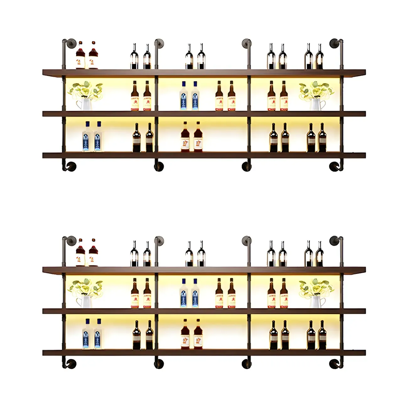 Brown Pine Wood Wall-Mounted Wine Rack with Light