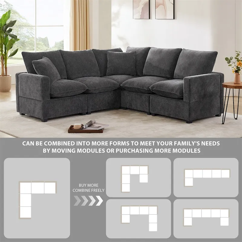 Modern L Shape Modular Sofa,Chenille Sectional Couch Set w/2 Pillows