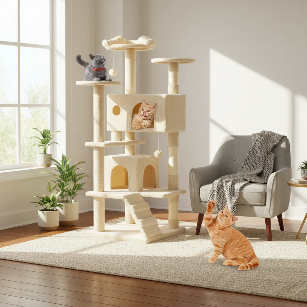 54in Cat Tree, Indoor Cat High-rise Multi-story Tower, Pet Playroom With Large Apartment