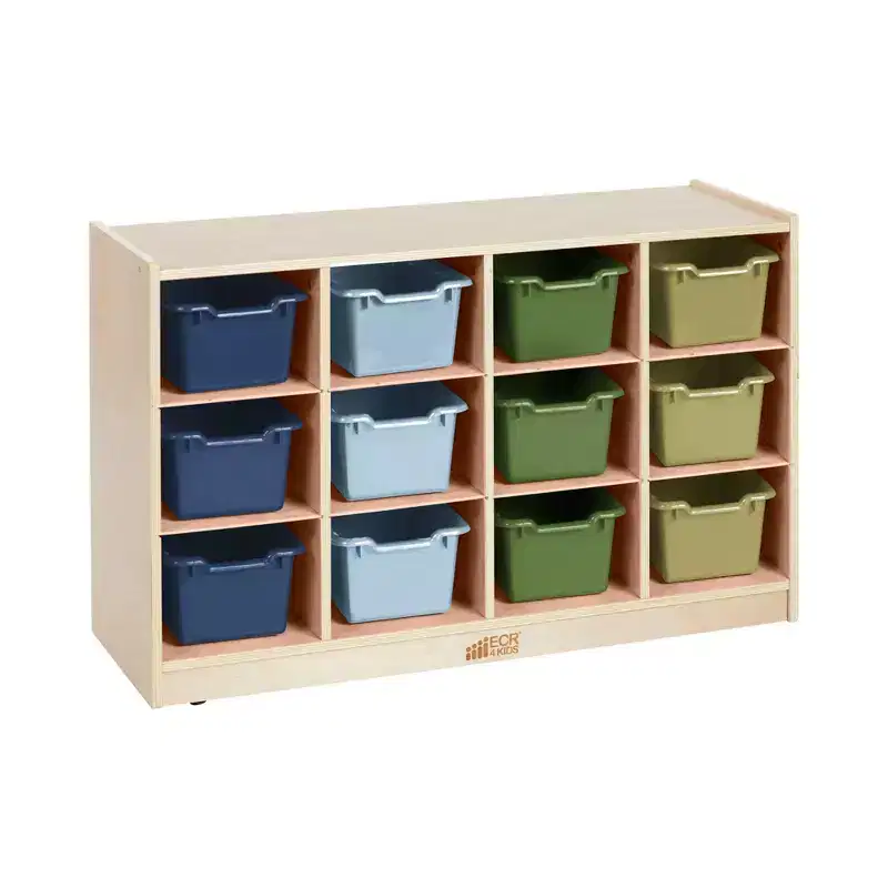 ECR4Kids 12 Cubby Mobile Tray Cabinet and 15 Scoop Front Bins, 3x4, Kids Furniture