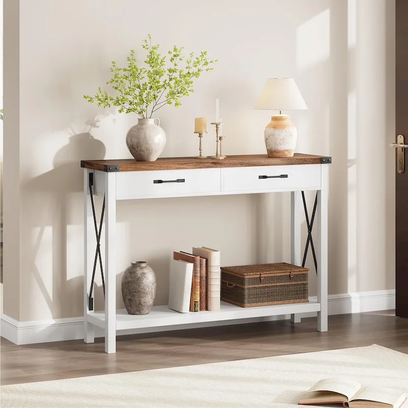 Woode Entryway Table, Farmhouse Console Table with 2 Drawers