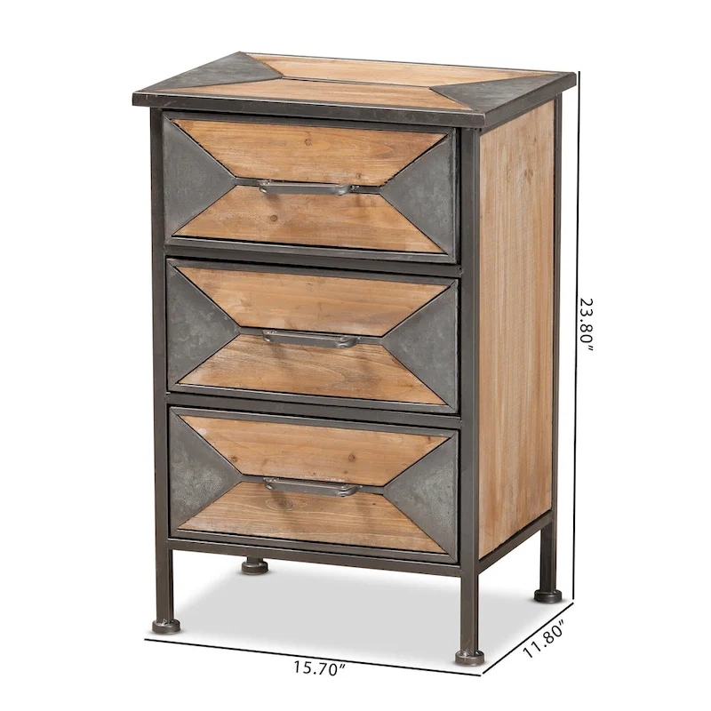 Baxton Studio Laurel Rustic Industrial Antique Grey Finished Metal and Whitewashed Oak Brown Finished Wood 3-Drawer End Table