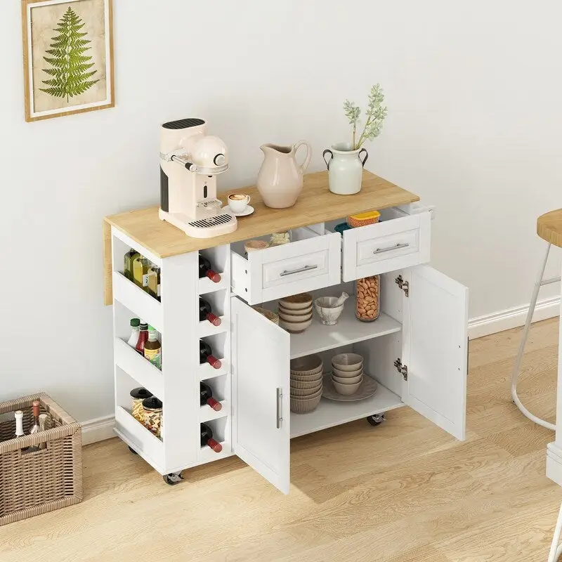 Grondin Multi-Functional Kitchen Island Cart with Solid Wood Drop Leaf, 2 Doors, 2 Drawers,Wine Rack and Spice Rack