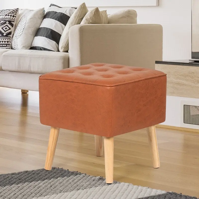 Adeco Square Faux Leather Tufted Footstool Ottoman Footrest Stool