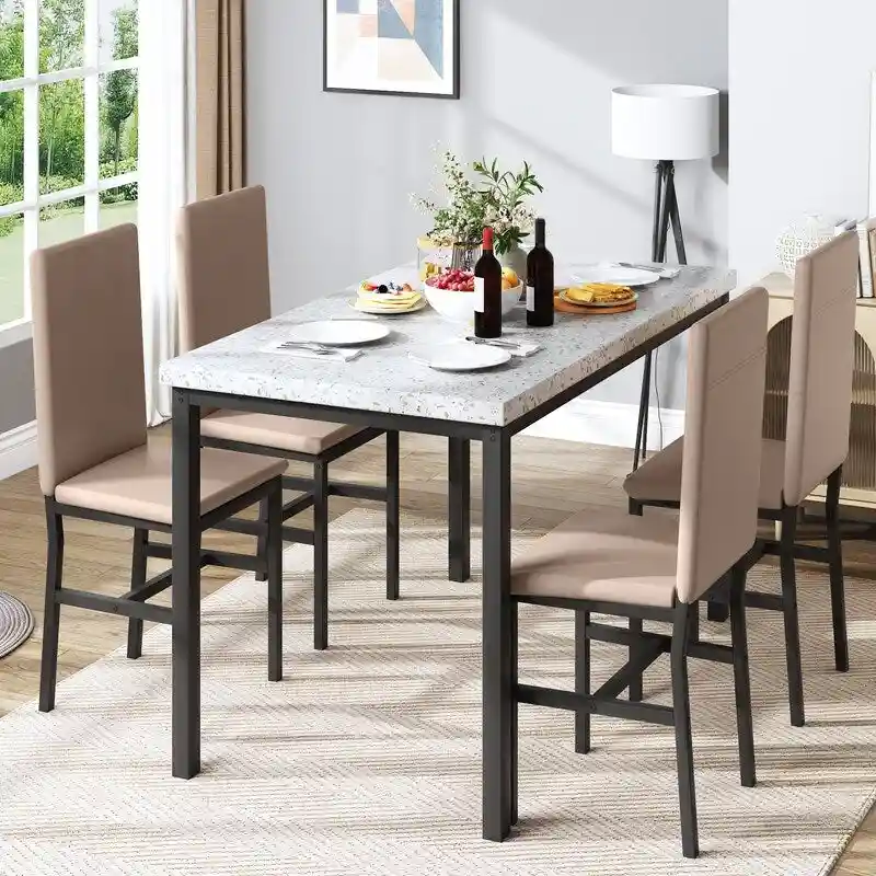 Grondin Mid-Century Modern Faux Marble Top 5-Piece Dining Table Set with 4 Faux Leather Matching Dining Chairs for Kitchen