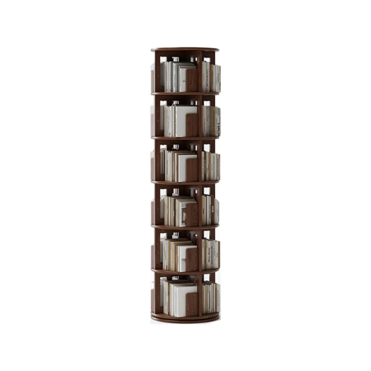 Narrow Cherry Wood Vertical 6 Shelf Rotating Bookshelf