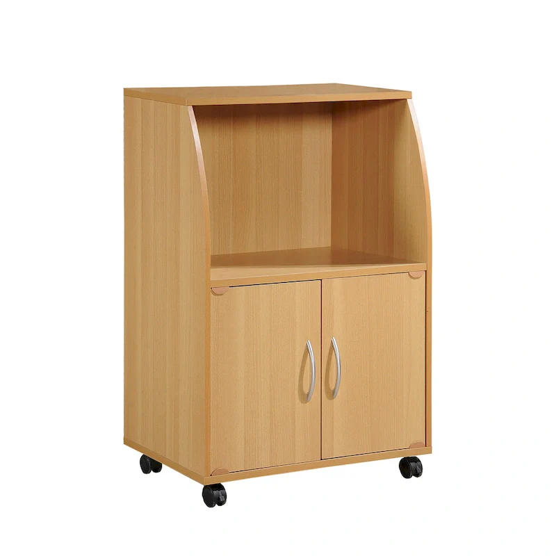 Hodedah Wooden Mini Wheeled Microwave Island Cart with Cabinet Storage, Beech - 33.07
