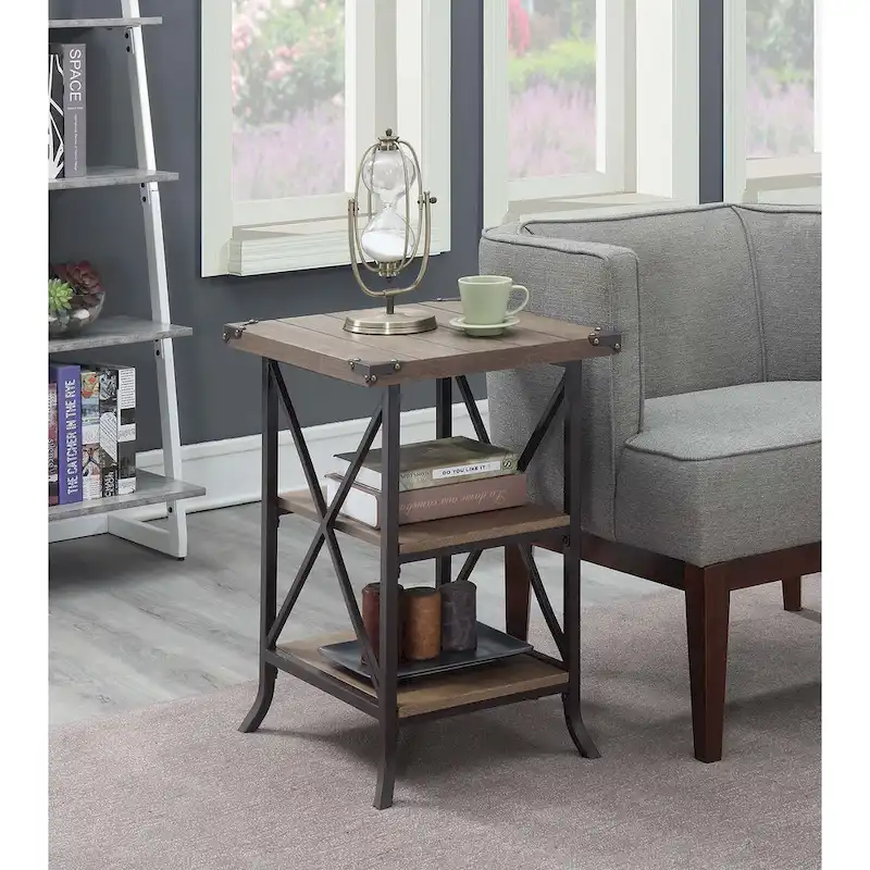 18-Inch End Table with Shelves, Hammered Metal Frame, Grooved Top Panel, Scrolled Feet for Living Room