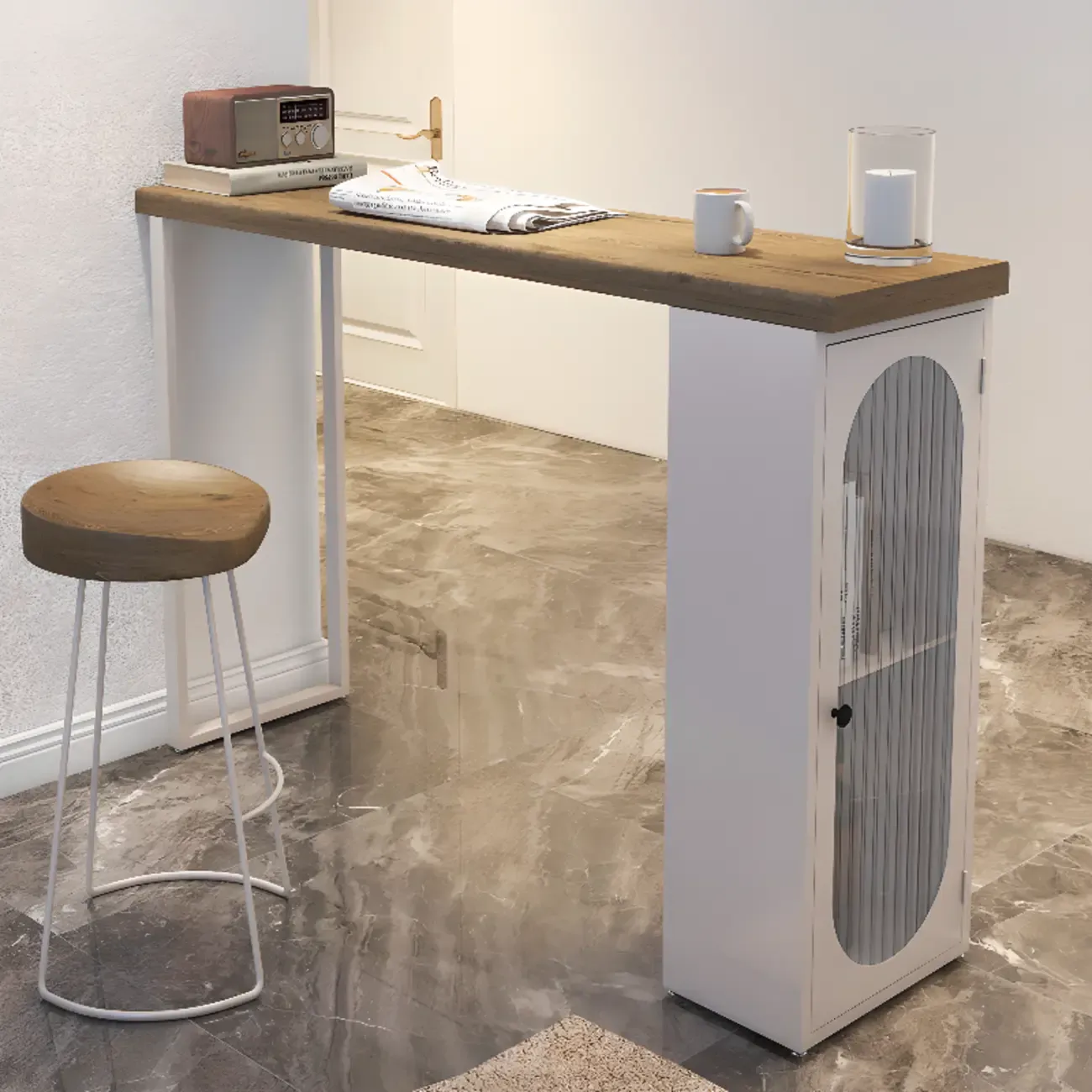 Modern Natural Wood Bar Table Metal Base with Side Cabinet