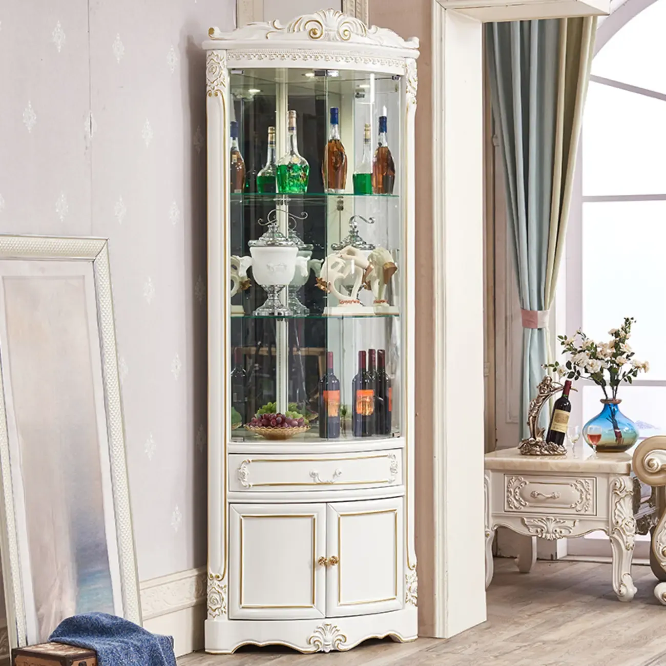 Ornate White-Gold Wooden Display Corner Cabinet Glass Front