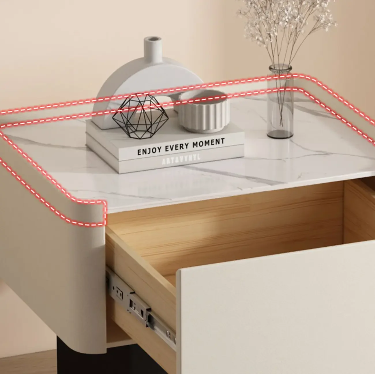 Modern Faux Leather Drawer Nightstand with Stone Top