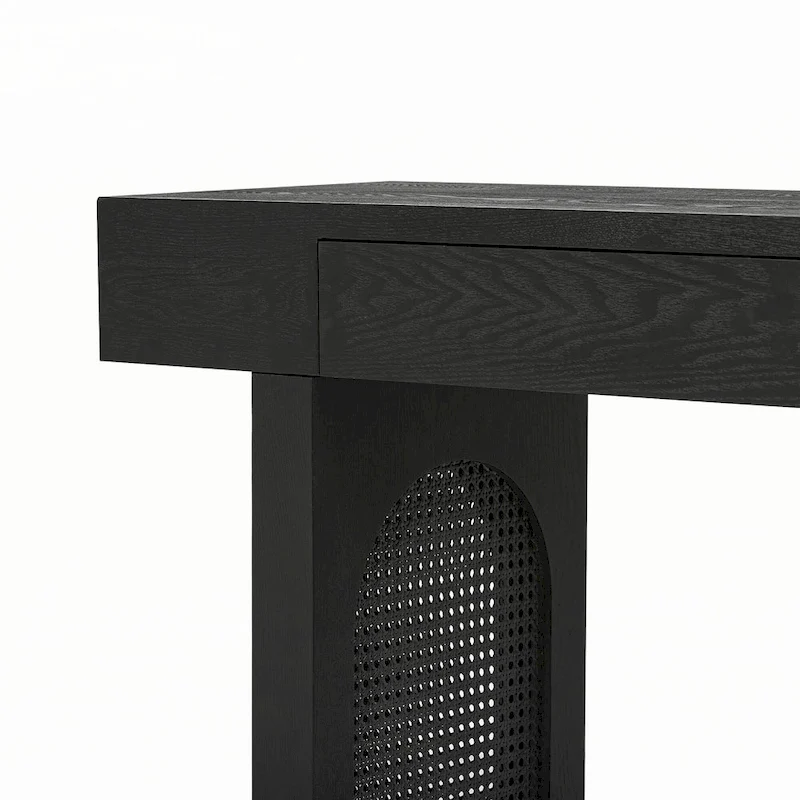 Narrow Console Table with Rattan Accent(Antique Black)