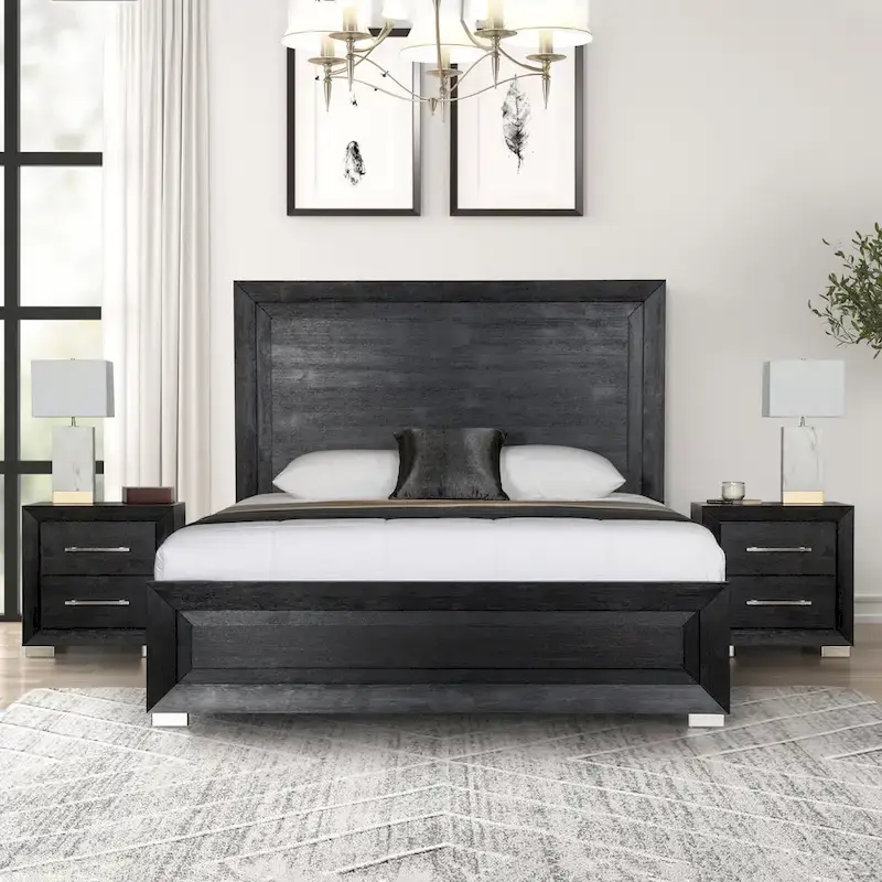 Furniture of America Alaric Modern Black Solid Wood 3-Piece Bed and 2 Nightstand Bedroom Set With LED Headboard