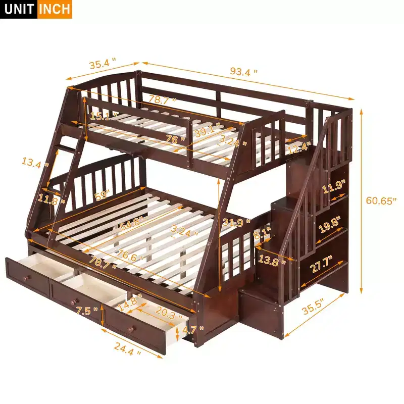 Twin over Full Bunk Bed with Storage Drawers — Espresso / Gray / White, Sleeps 2
