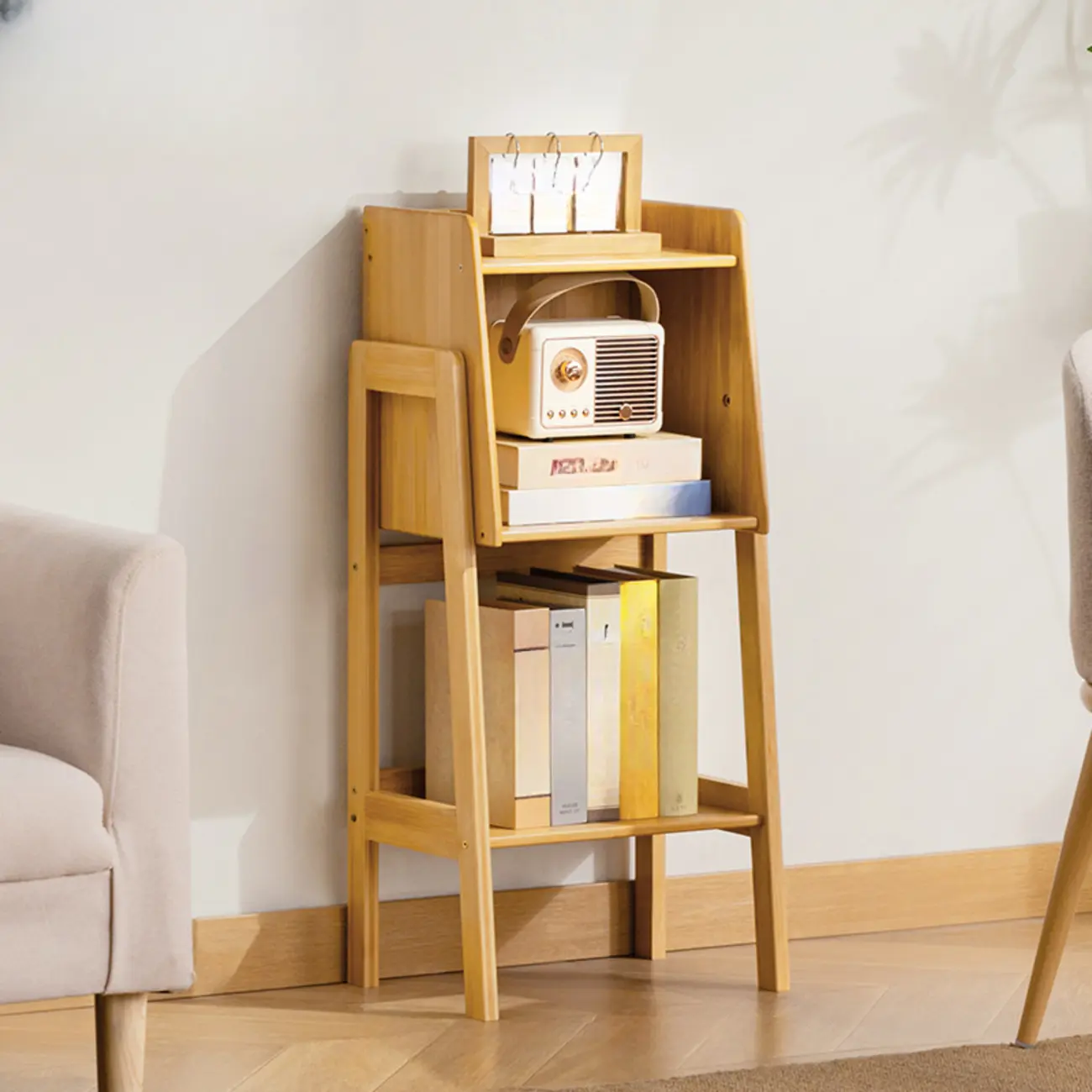 Modern Wooden Ladder Bookcase for Living Room Storage