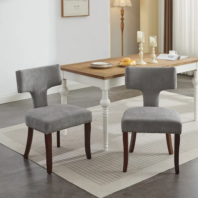 Modern Dining Chairs Set of 2, Linen Fabric Upholstered Accent Chair Curved Backrest Kitchen Chairs with Rubberwood Frame