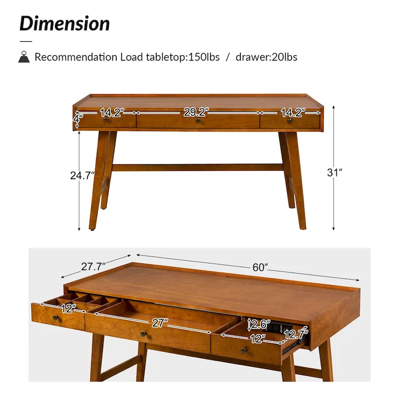 Mid-century Office Desk with Drawer Divider&Cable Management&Charging Station