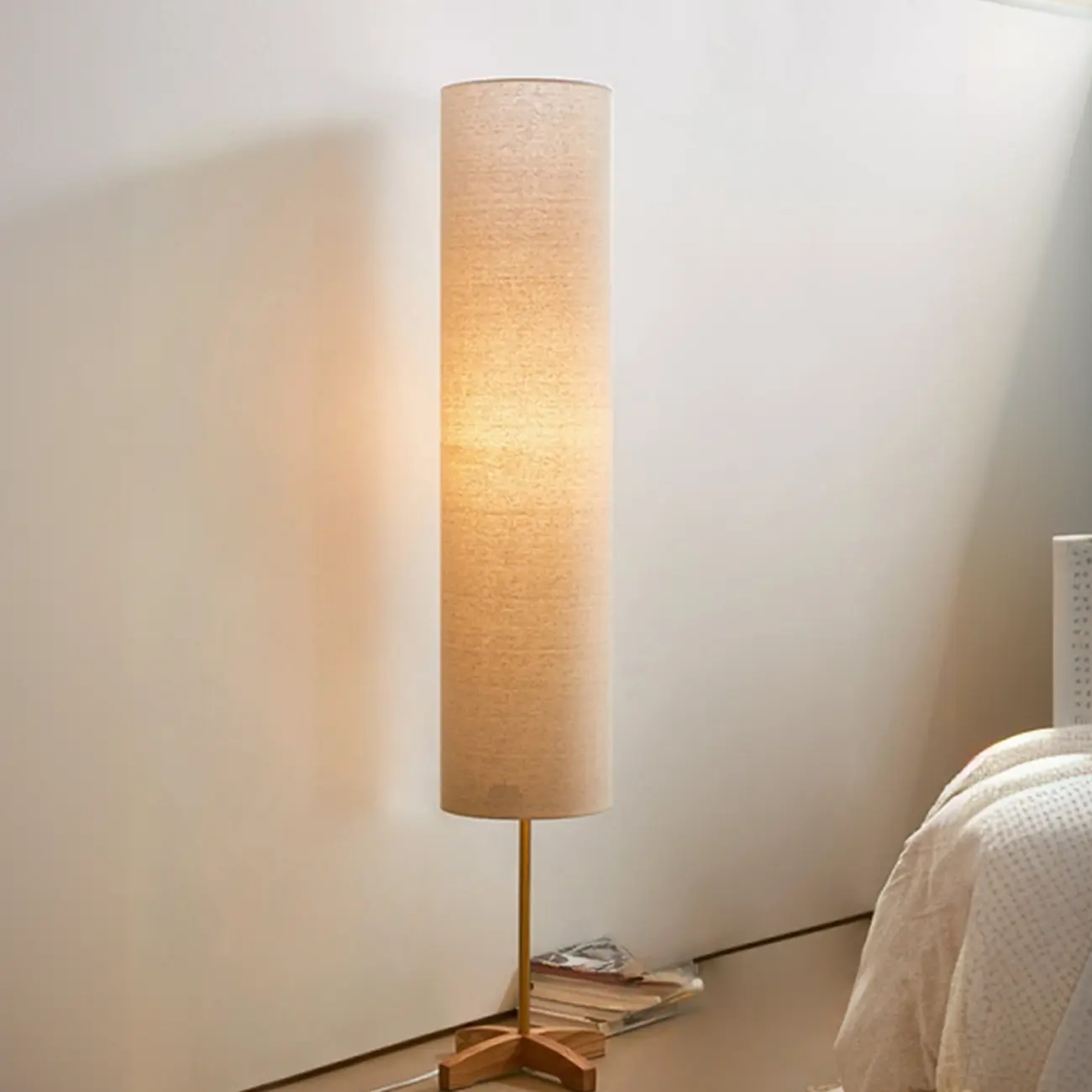 Cylinder Wood Task Floor Lamp in Fabric Shade for Bedroom