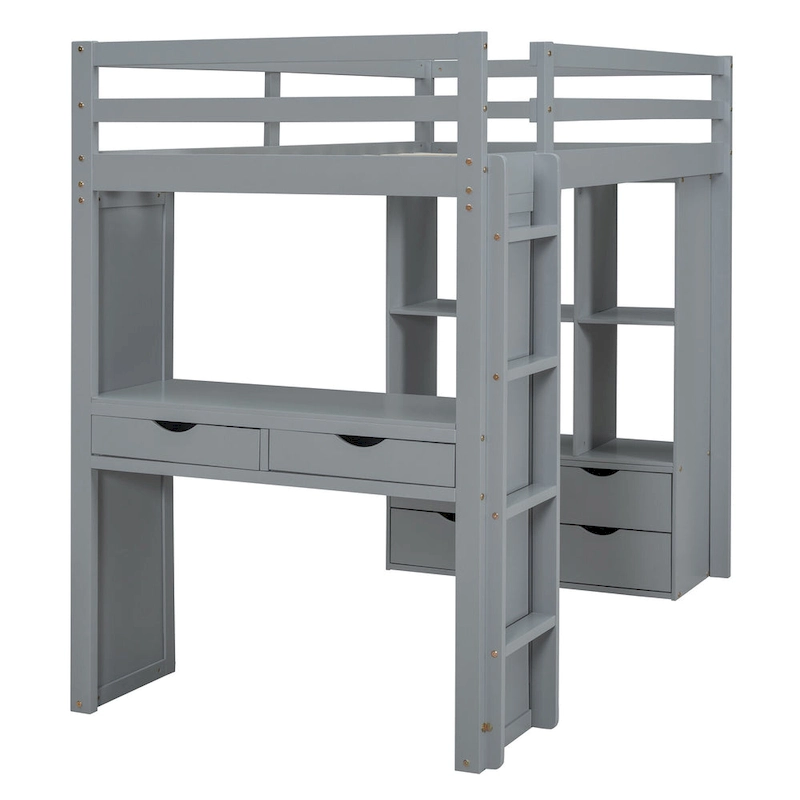Gray Twin Size Solid Wood Loft Bed with Shelves and LED Light
