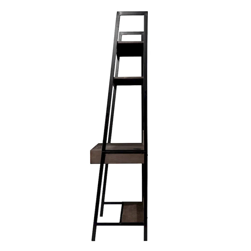 Ladder Desk - Gray Wood, 3 Shelves, 1 Drawer, Wireless Charger, Industrial, 33W x 75.25H