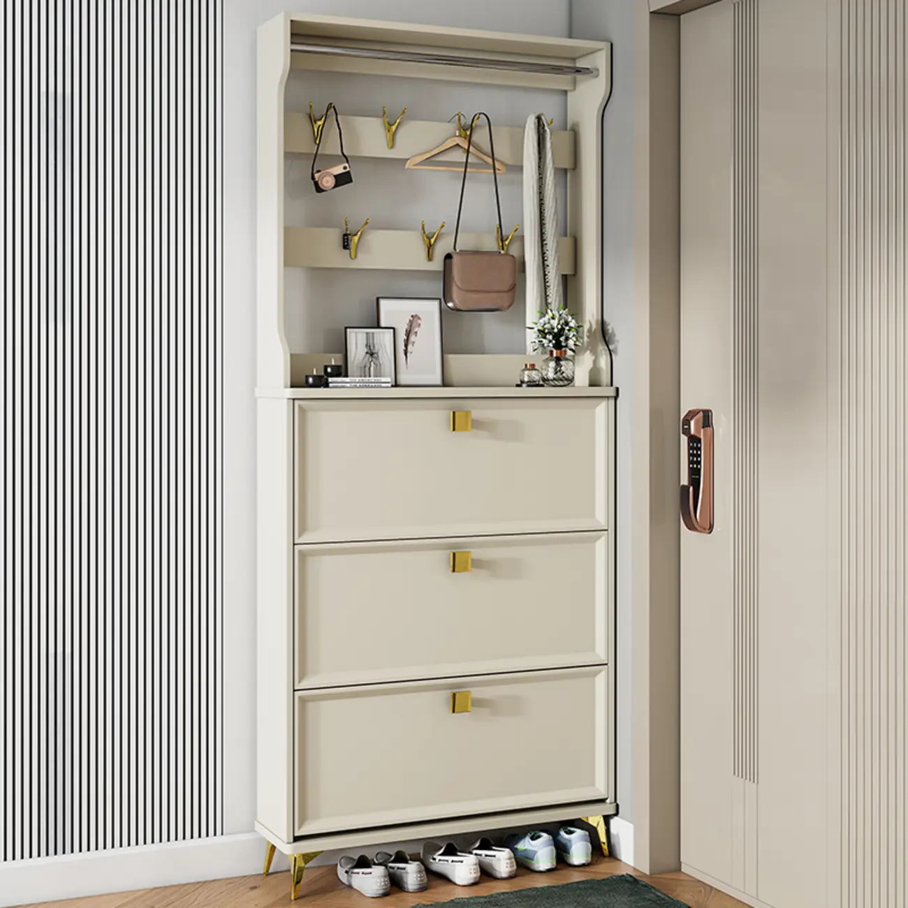 Drop-Front Adjustable Modern White Wood Narrow Shoe Cabinet