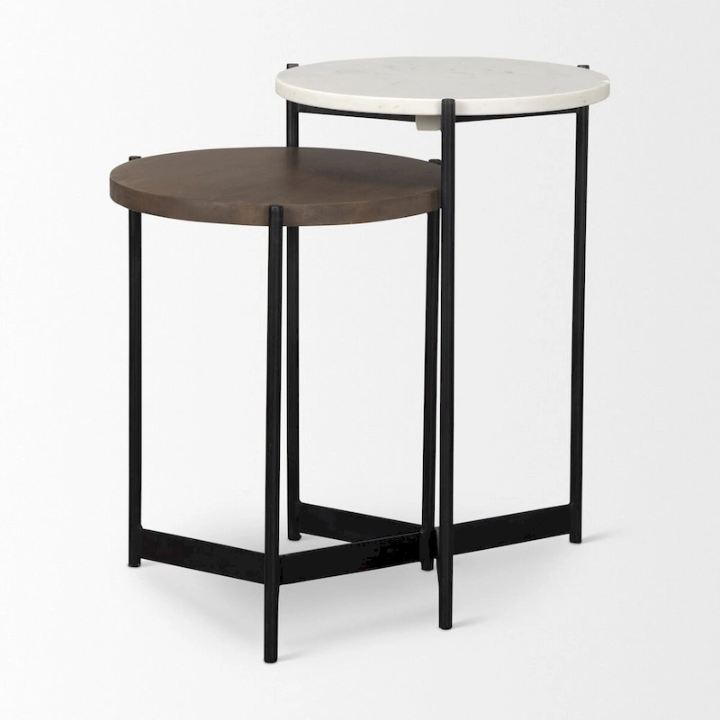 Larkin Marble & Dark Brown Wood Tabletop Nesting End/Side Tables