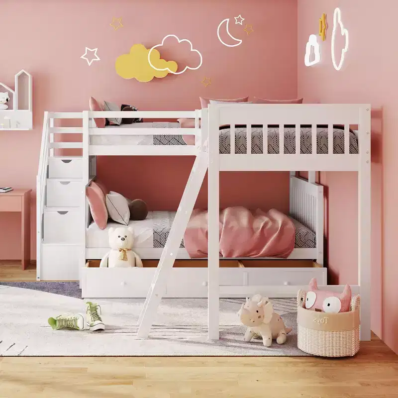 Stylish Design Twin over Full L-Shaped Bunk Bed With 3 Drawers, Ladder and Staircase