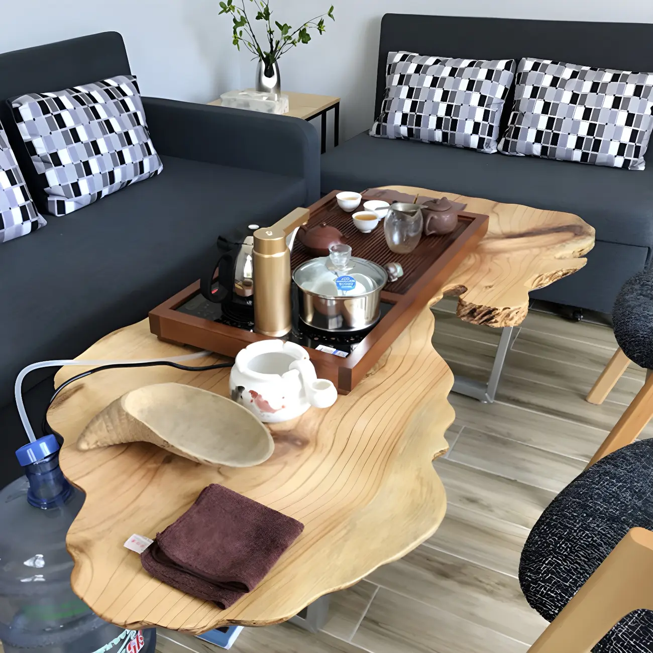 Geometric Modern Red Wood Top Steel Base Coffee Table