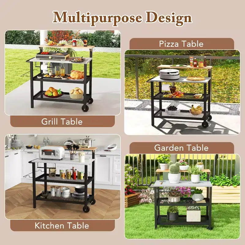 Rolling Bar Cart w/ Flip-up Table Hooks Paper Towel Holder Trash Bag Holder