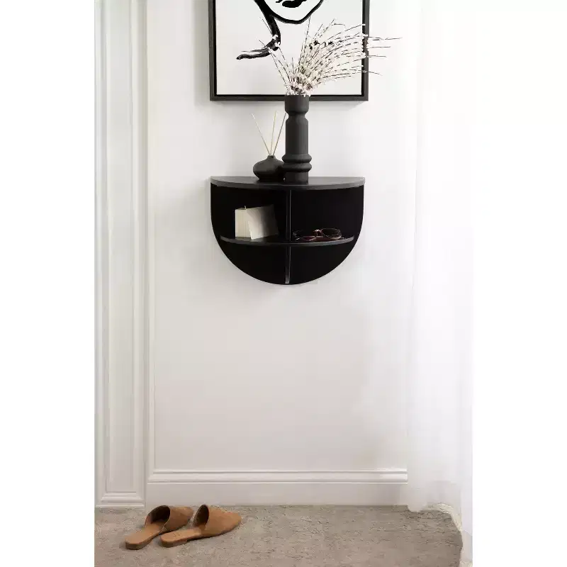 Half Circle Wood Floating Side Table – 18x14, Black, Built-In Shelves, Space-Saving