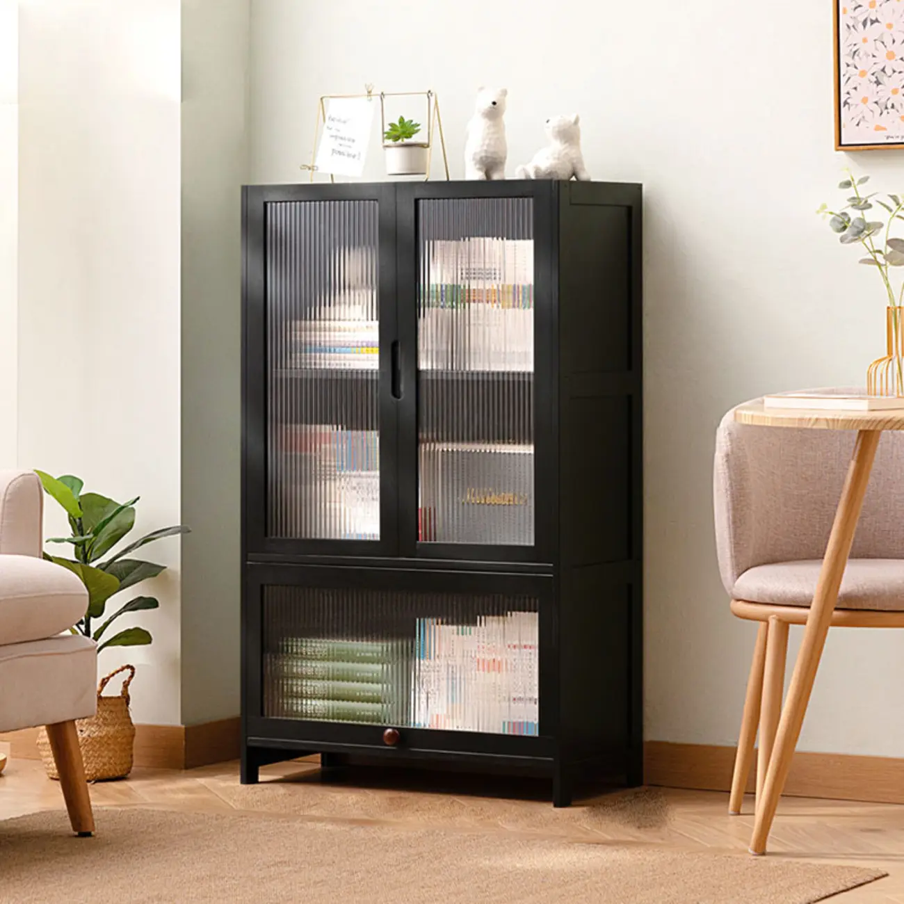 Bamboo Modern Black Vertical Bookcase with Acrylic Doors