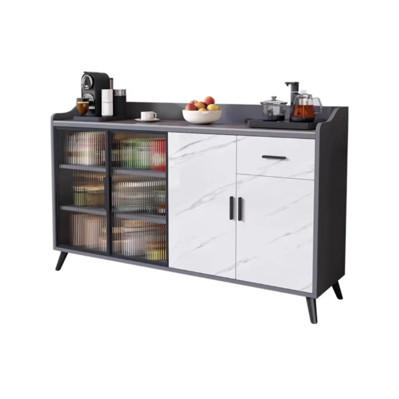 Modish Multi-Compartment Stone-Top Wood Buffet Cabinet