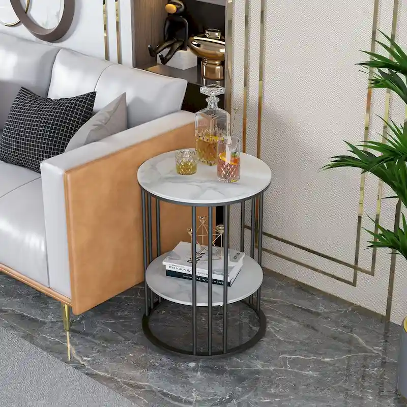End Table 2-Tier Round Side Accent Table with Sintered Stone Tabletop - 15.7x15.7x21.3 inch