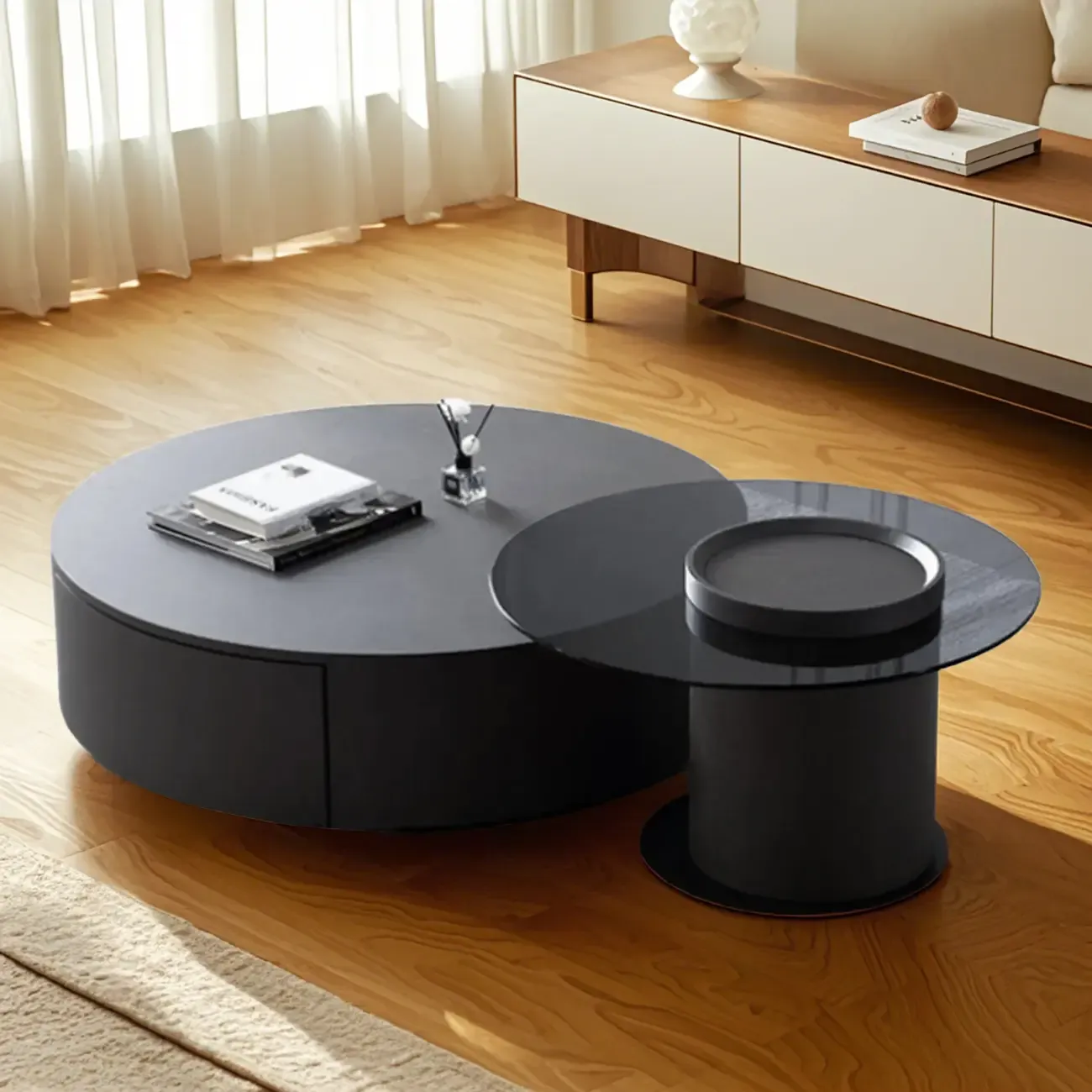 Modern Black Round Top Nesting Coffee Table with Storage