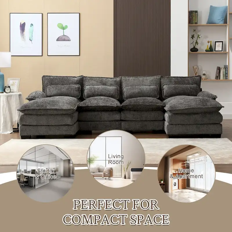 Chenille Upholstered U-Shaped Living Room Sectional Sofa With Wooden Legs