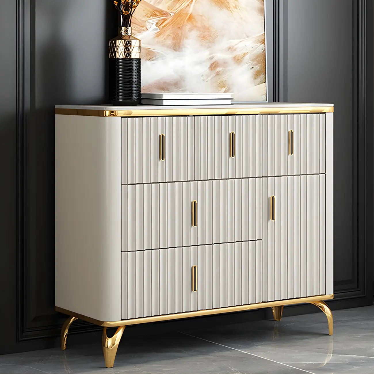 Elegant Gray Wooden Dressers & Chests with Gold Handles