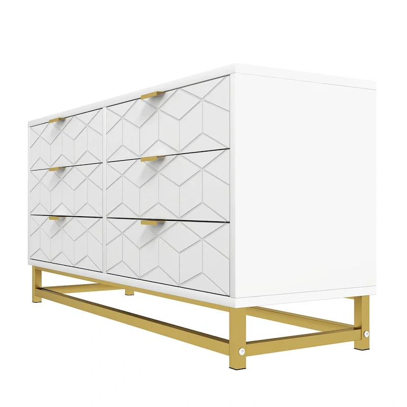 6-Drawer Dresser with Gold Metal Legs - White Wood