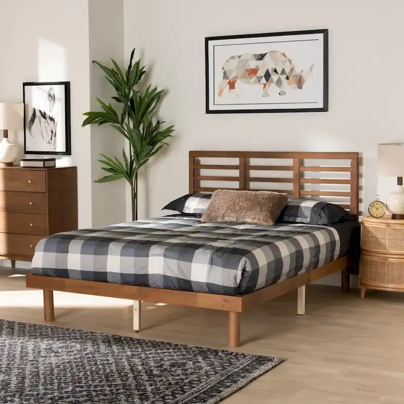 Mid-Century Modern Wood Platform Bed with Adjustable Slatted Headboard