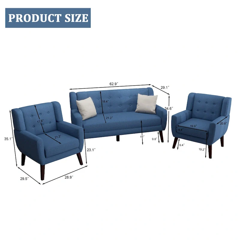 Tufted Linen/Cotton Loveseat with 2 Accent Chairs