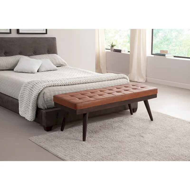 Anson Brown Genuine Leather and Solid Wood Accent Bench