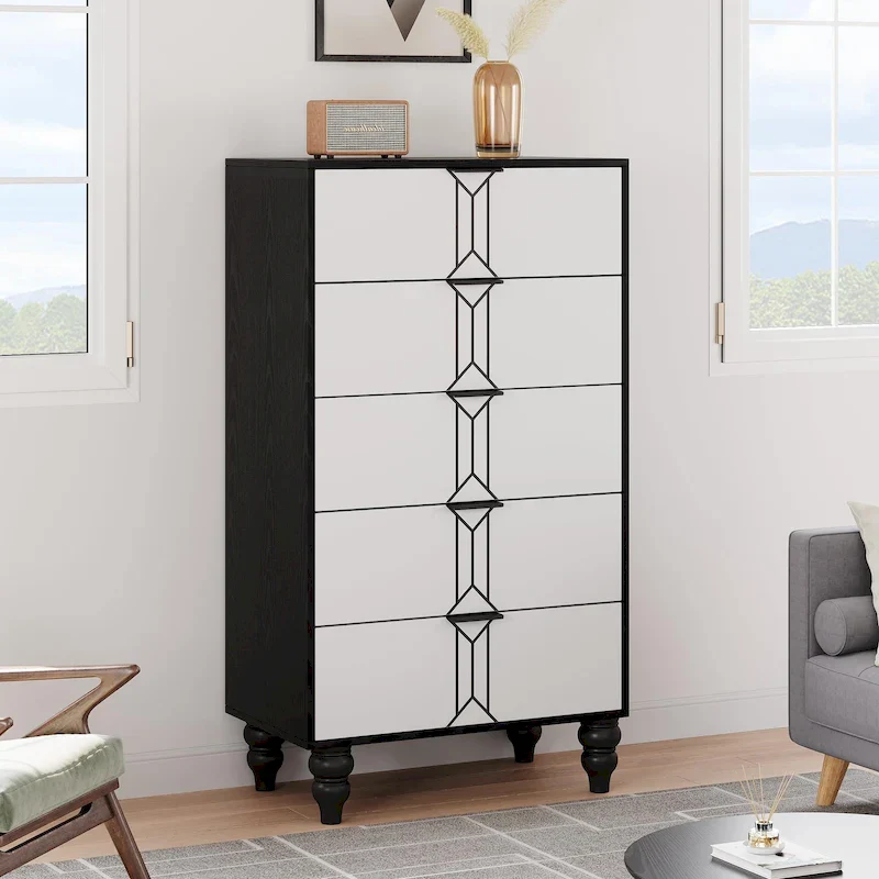 5-Drawer Wood Dresser with Metal Handles – Oak & Gold / Black & White, Single