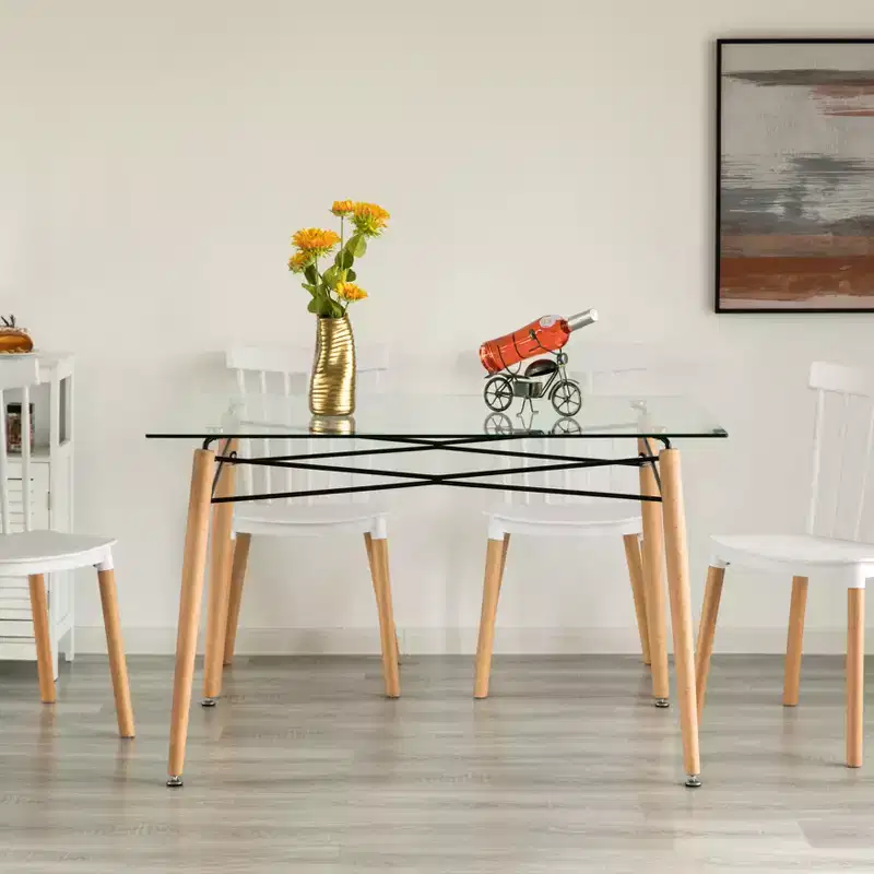 Fabulaxe Rectangle Clear Glass Top Accent Dining Table with 4 Beech Metal Frame Solid Wood Legs | Modern Space Saving Small Leisure Tea Desk