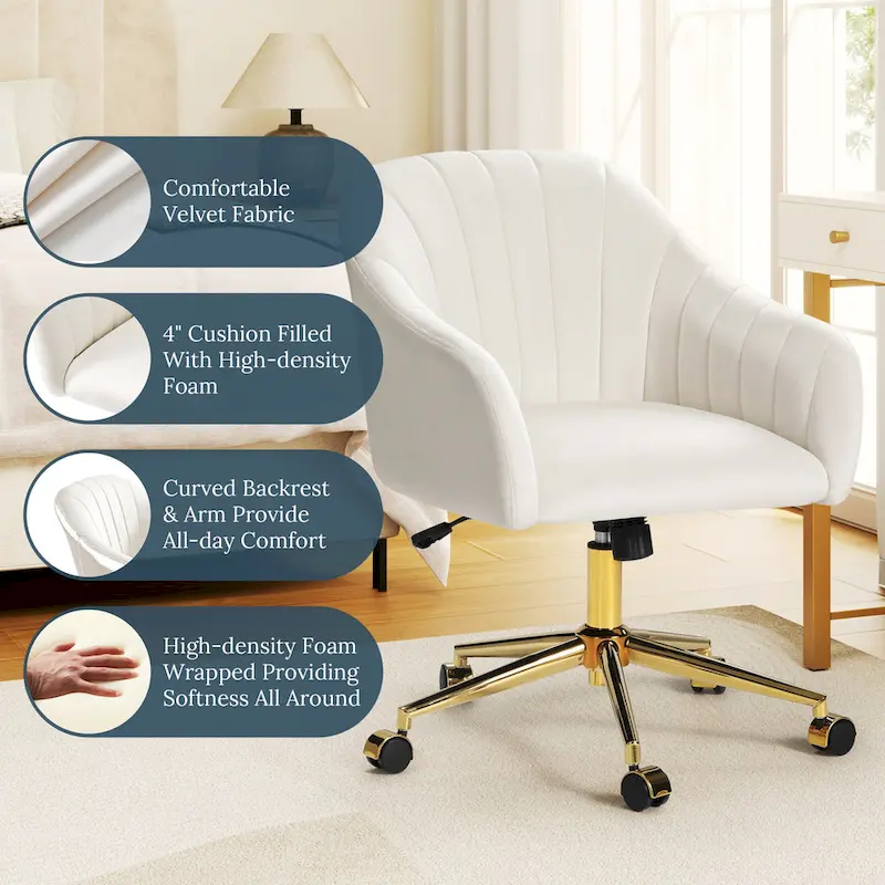 Farrah Velvet Tufted Adjustable Height Swivel Office Vanity Chair with Gold Base