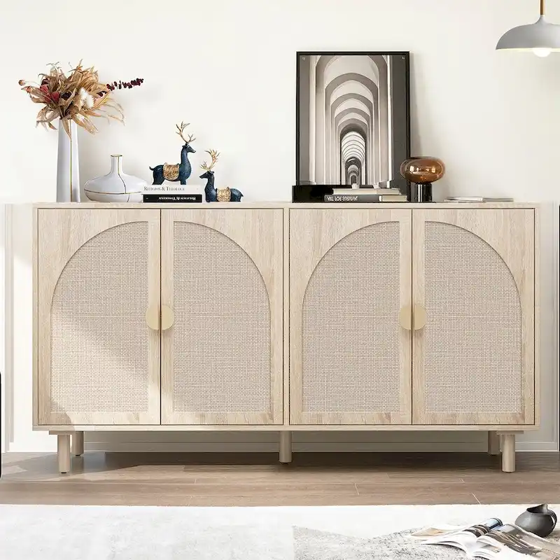 Storage Cabinet w/ 4 Rattan Door,Adjustable Shelves,Buffet Cabinet - 59.06Lx15.75Wx31.5H