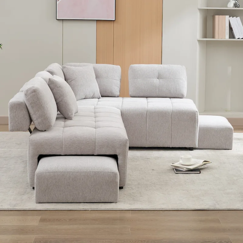 91.73  L-Shaped 4 Seater Sectional Sofa with 2 Hidden Stools, 2 Removable Lumbar Pillows, and Durable Chenille Upholstery