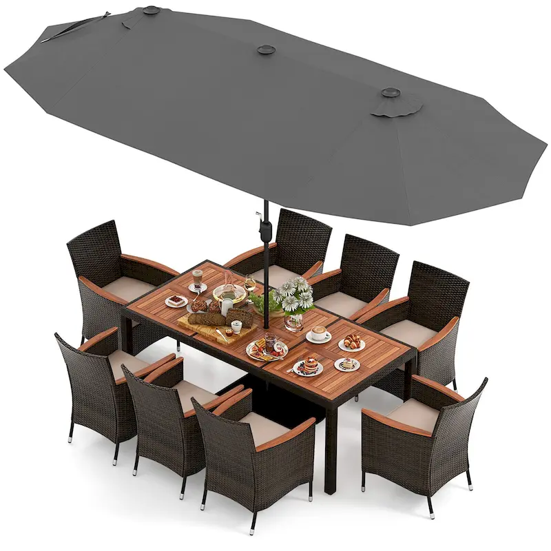 Gymax 9 Piece Patio Wicker Dining Set w/ Double-Sided Patio Grey